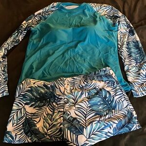 Blue Teal Long Sleeve Rash Guard with Tropical Leaf Swim Shorts